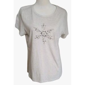 Merona T Shirt Women XXL Tan Cap‎ Sleeve Scoop Neck Rhinestone Snowflake Junior